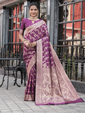 Varanga Purple Cotton Blend Banarasi Saree